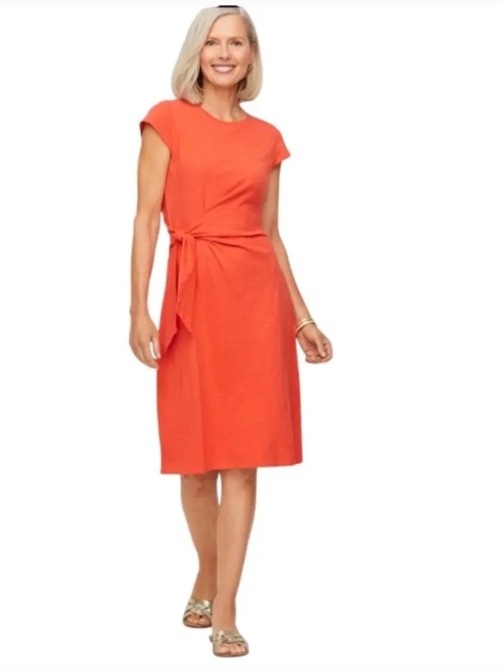 Talbots Women’s Orange Tie-Waist Cap Sleeve Cotton Dress SZ Medium